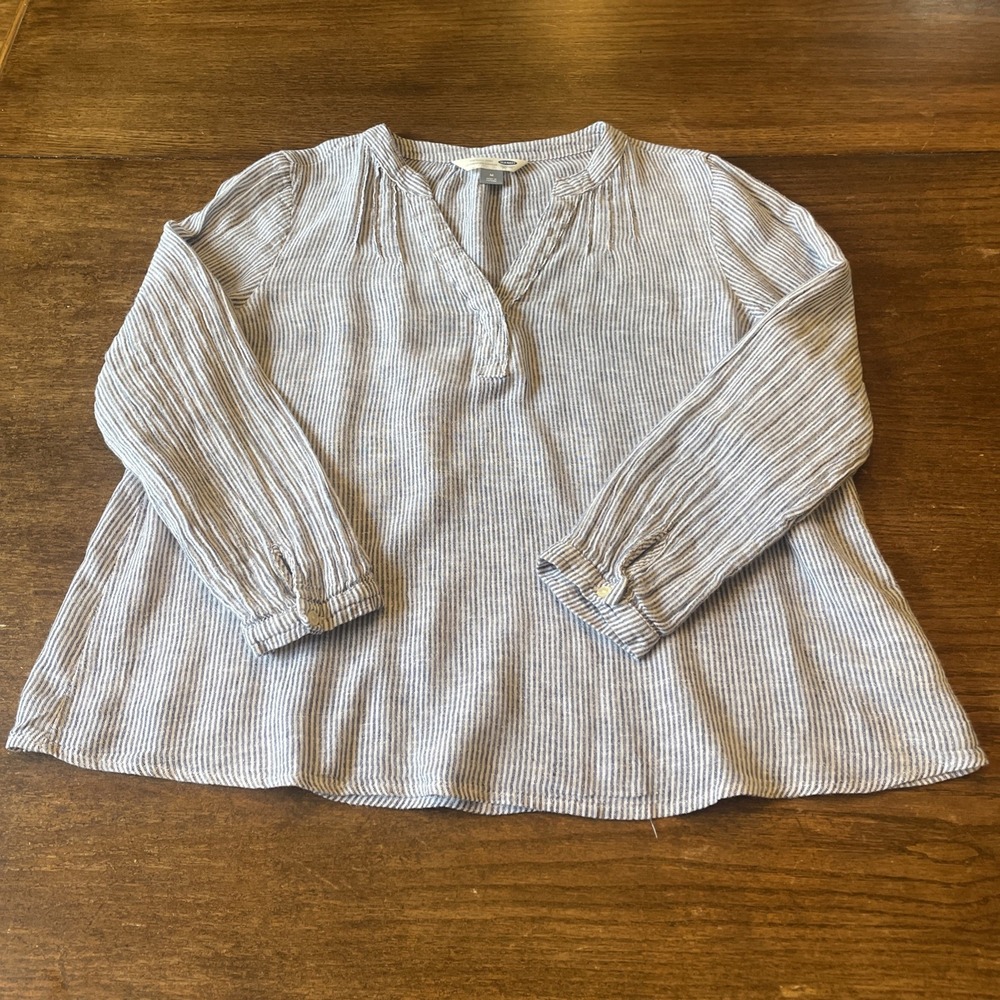 Women's Long Sleeve Striped Cotton Linen Blend Old Navy Medium Shirt Blue White